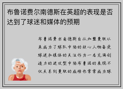 布鲁诺费尔南德斯在英超的表现是否达到了球迷和媒体的预期 布鲁诺费尔南德斯在英超的表现是否达到了球迷和媒体的预期